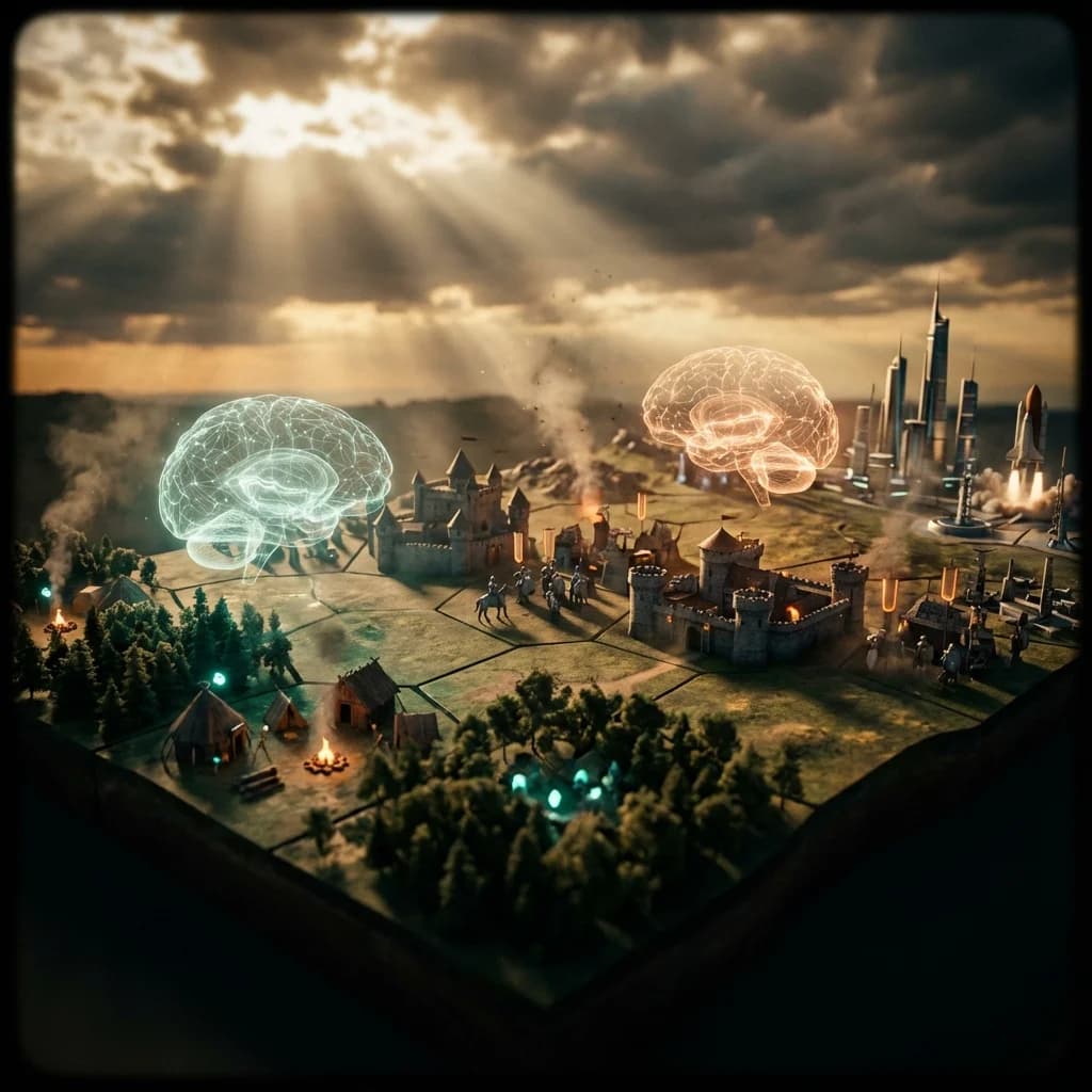 Cinematic view of two AI agents controlling civilizations through the ages - from primitive settlements to futuristic cities
